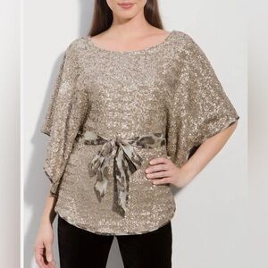 Alberto Makali - Preowned Gold Sequin Cape Blouse with Tie Belt - Gold - Sz S